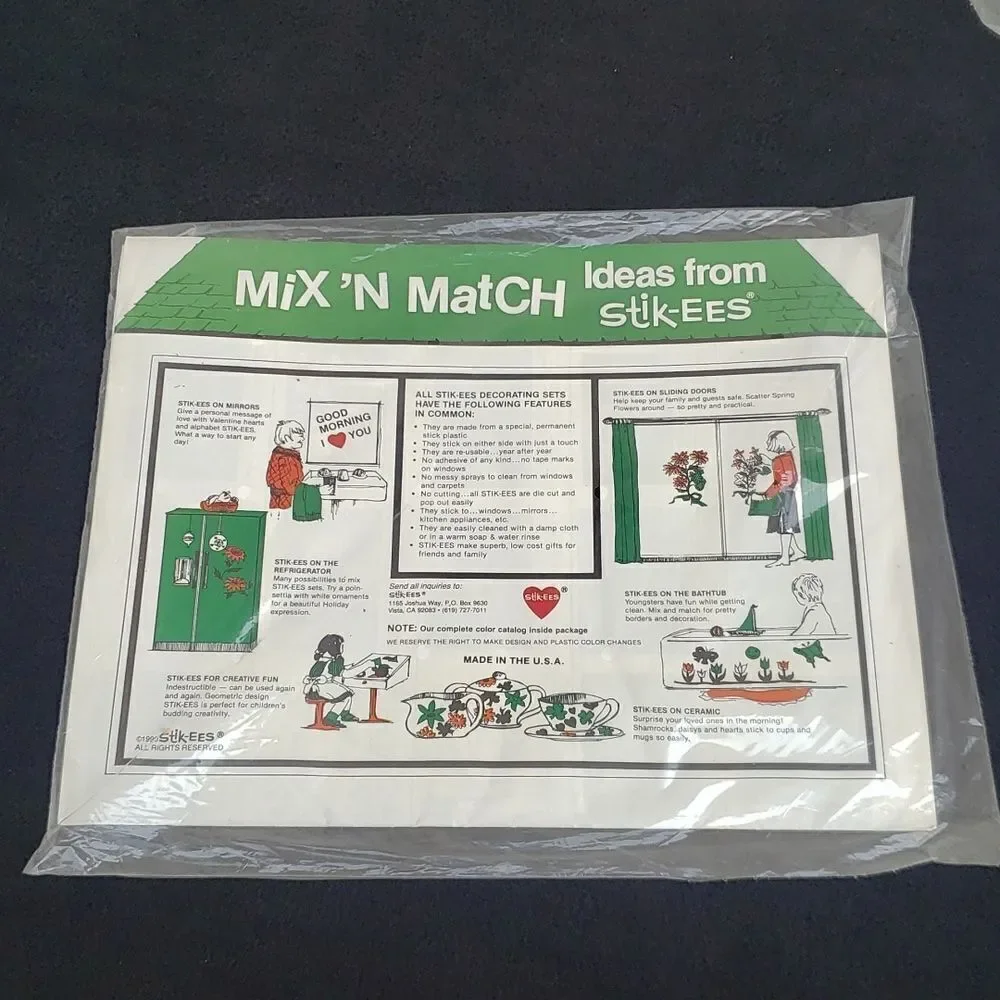 3 Sets Vintage Stik-ees Self Stick Vinyl Window Clings Still Sealed in Package
